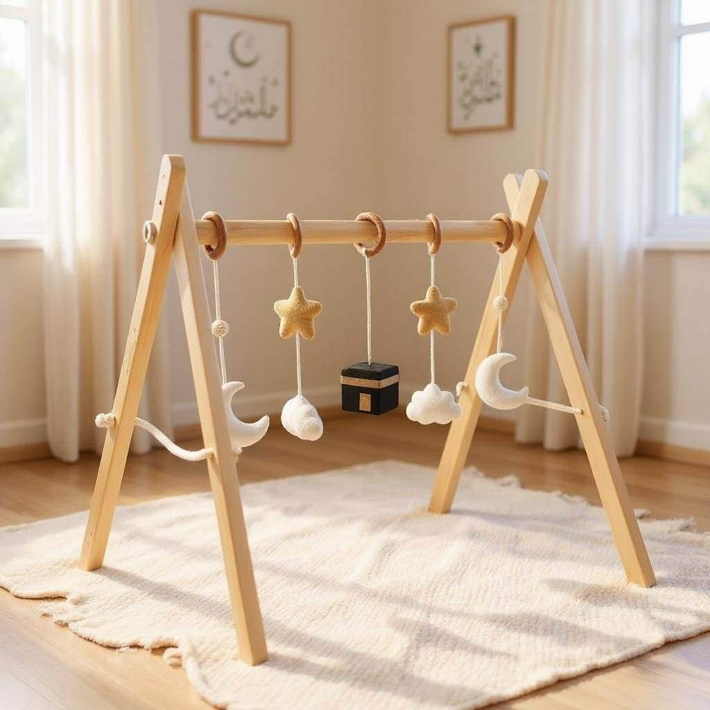 Holz-Spielbogen aus Naturholz im Kaaba-Design mit Filzanhängern im Kinderzimmer