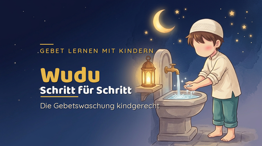 Wudu Schritt für Schritt – Junge bei der Gebetswaschung am Waschbecken unter dem Sternenhimmel