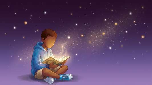 Sure al-Ikhlas – Junge liest den leuchtenden Quran unter dem Sternenhimmel