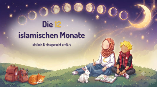 Die 12 islamischen Monate – Mondphasen und Mondsichel über zwei Kindern, die nachts auf einer Wiese ein Buch lesen